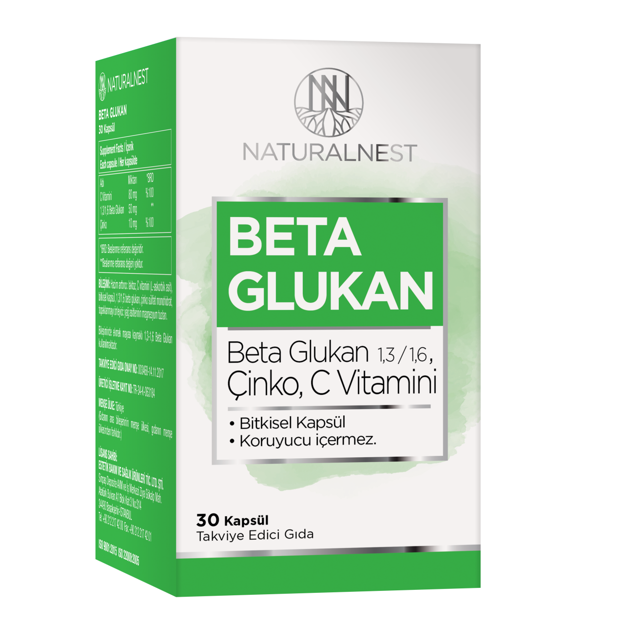 Natural Nest 1,3/1,6 Beta Glukan Çinko Vitamin C İçeren Takviye Edici Gıda 30 Kapsül