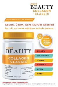 Argivit Beauty Collagen Classic Takviye Edici Gıda Kolajen Hyaluronik Asit Vitamin C Vitamin E Biotin Çinko Kavun Üzüm Kara Mürver 325 gr