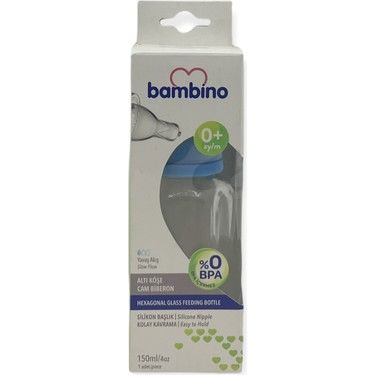 Bambino Altı Köşe Cam Biberon 150 ml - Mavi
