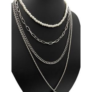 İstiridye Figürlü İncili Kombin Kolye Gümüş