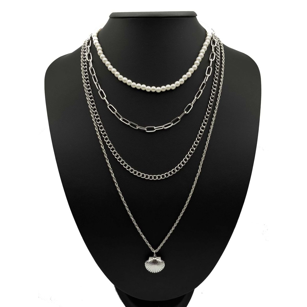 İstiridye Figürlü İncili Kombin Kolye Gümüş