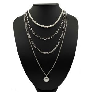 İstiridye Figürlü İncili Kombin Kolye Gümüş