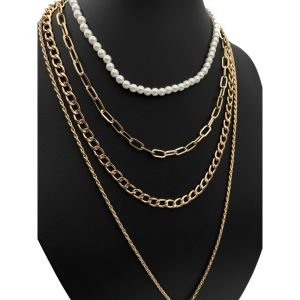 Çiçek Figürlü İncili Kombin Kolye Gold