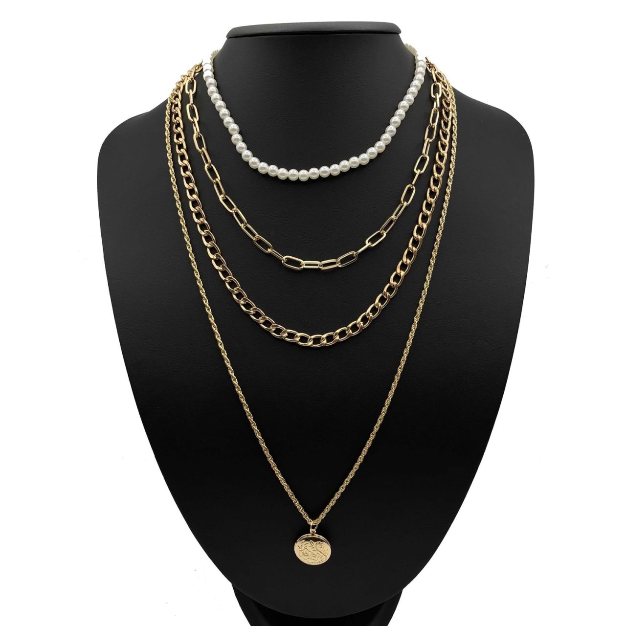 Çiçek Figürlü İncili Kombin Kolye Gold