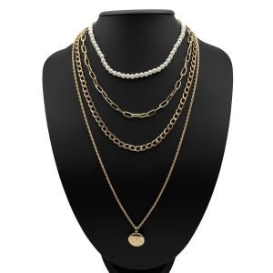 Çiçek Figürlü İncili Kombin Kolye Gold