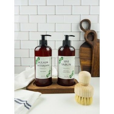 Therapyca Amber Şişe Seti Ahşap Köşeli Stant - Sarı Kantaron Sıvı Sabun 500 ml + Bulaşık Deterjanı 500 ml