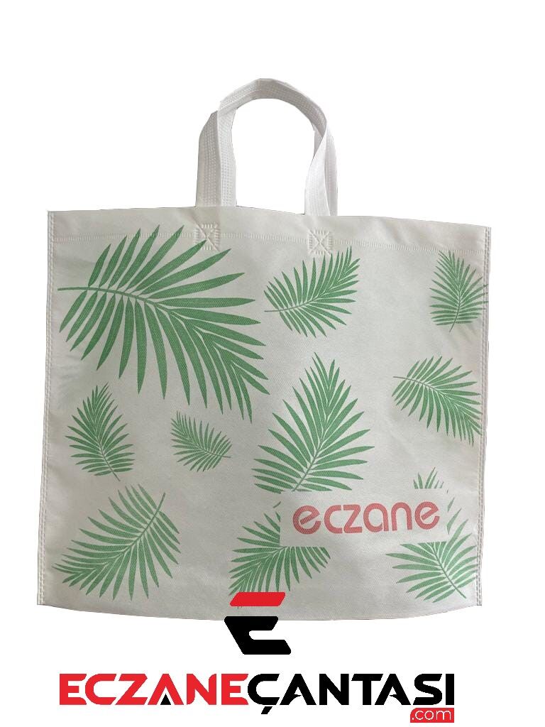 Eczane Çantası Yaprak Desen Yeşil Kulplu Körüklü Büyük Bez Çanta 40x34x7 50 li Paket