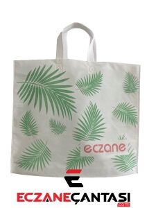 Eczane Çantası Yaprak Desen Yeşil Kulplu Körüklü Büyük Bez Çanta 40x34x7 50 li Paket