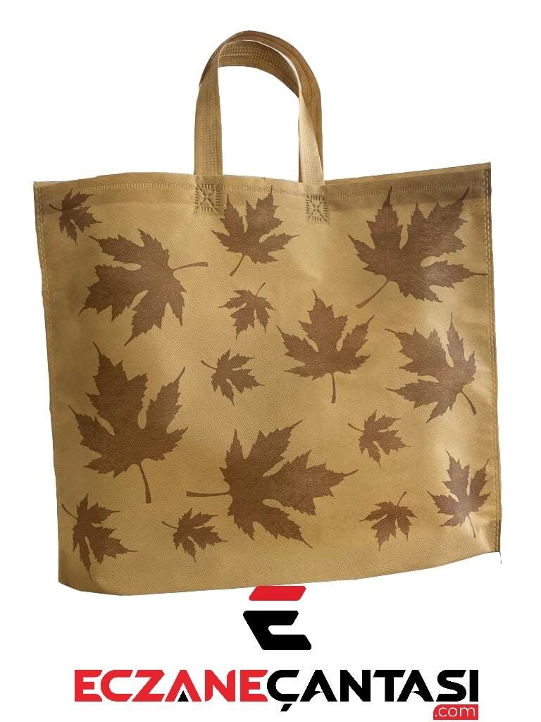 Eczane Çantası Kahverengi Yaprak Desen Kulplu Körüklü Büyük Bez Çanta 40x34x7 50 li Paket