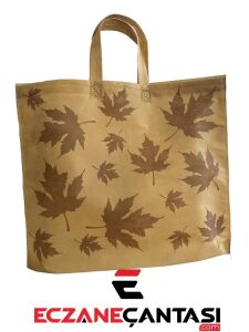 Eczane Çantası Kahverengi Yaprak Desen Kulplu Körüklü Büyük Bez Çanta 40x34x7 50 li Paket