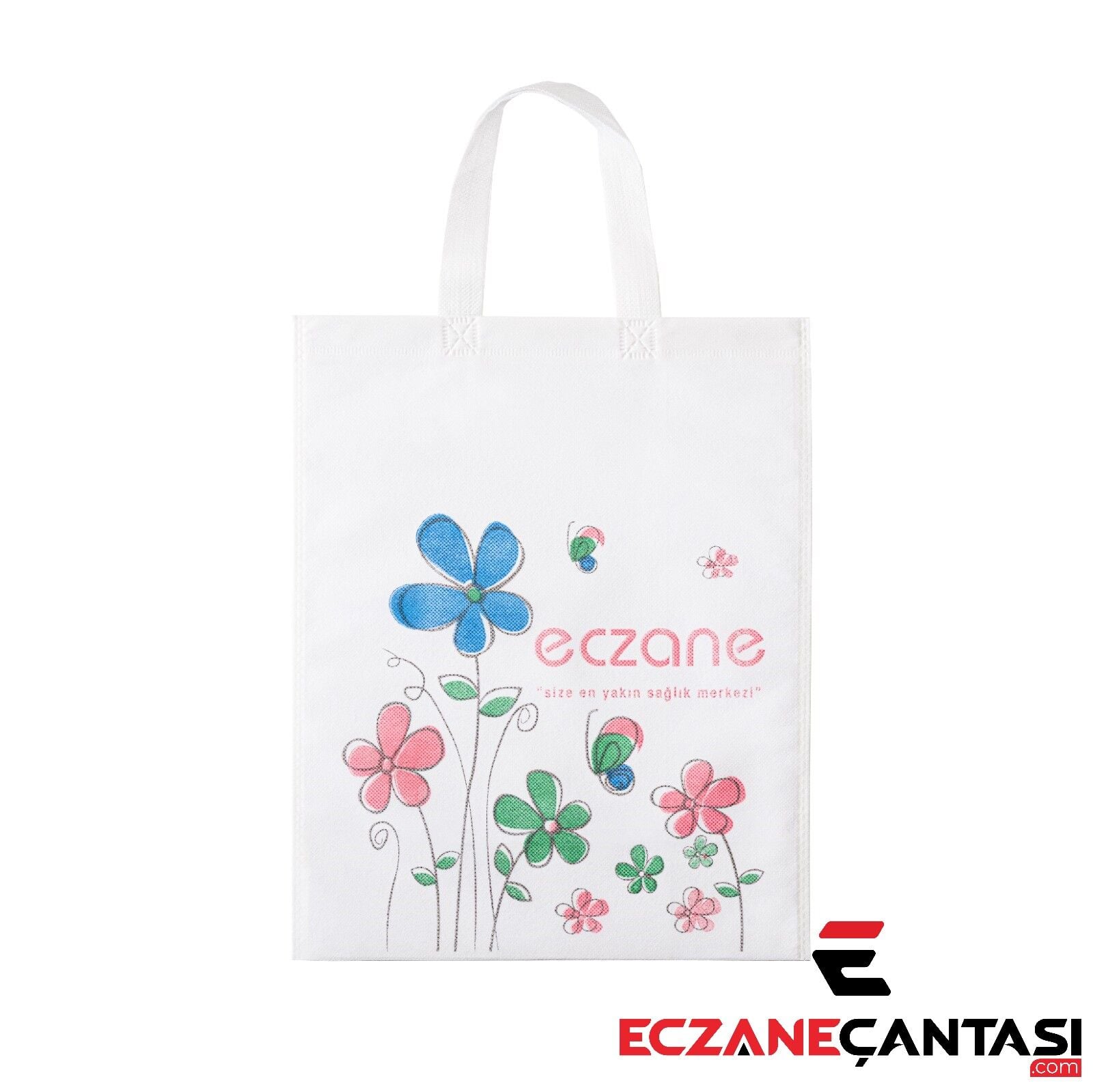 1000 Adet Eczane Çantası Çiçek Desen Kulplu Büyük Bez Çanta 30x37