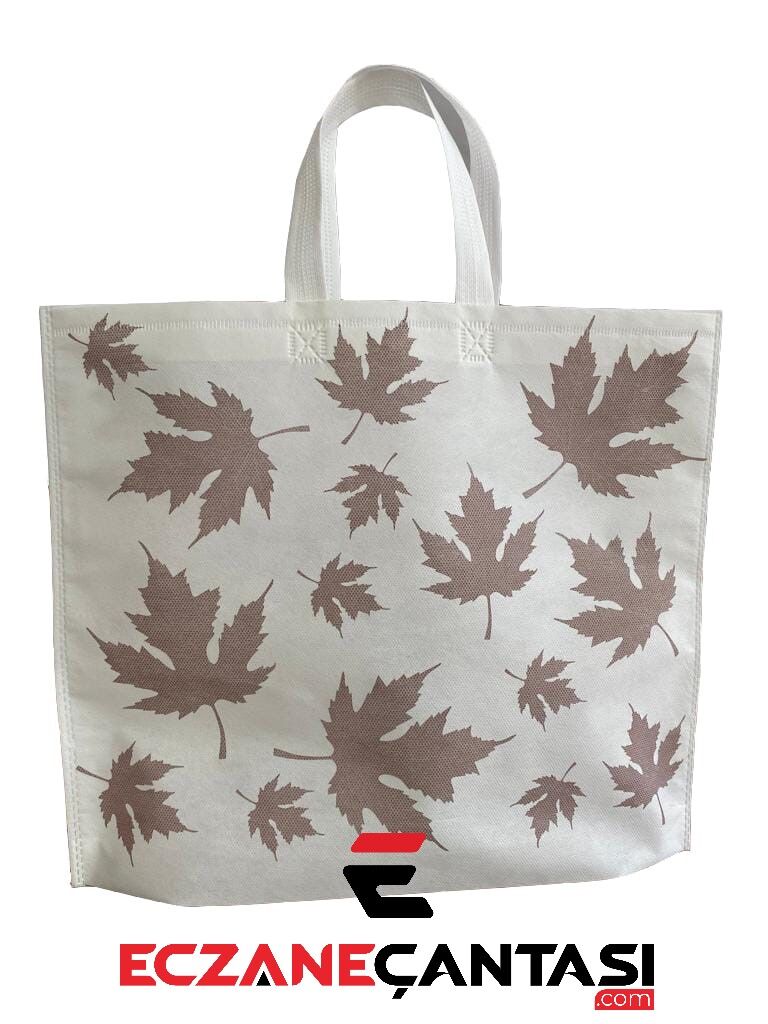 500 Adet Eczane Çantası Kuru Yaprak Desen Kulplu Körüklü Büyük Bez Çanta 40x34x7