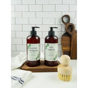 Therapyca Amber Şişe Seti Ahşap Oval Stant - Sarı Kantaron Sıvı Sabun 500 ml + Bulaşık Deterjanı 500 ml