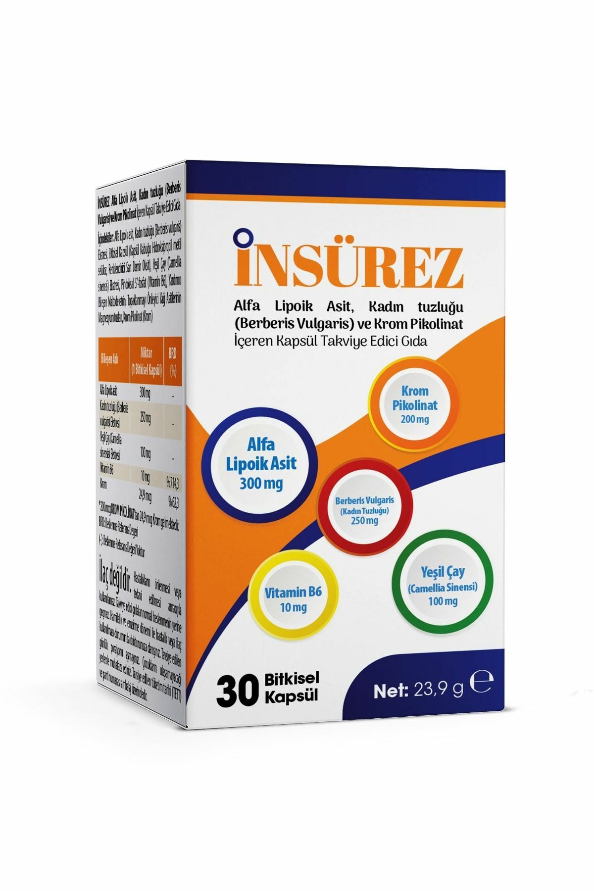 İnsürez Alfa Lipoik Asit Kadın Tuzluğu Berberis Vulgaris Krom Pikolinat Yeşil Çay Vitamin B6 İçeren Takviye Edici Gıda 30 Bitkisel Kapsül