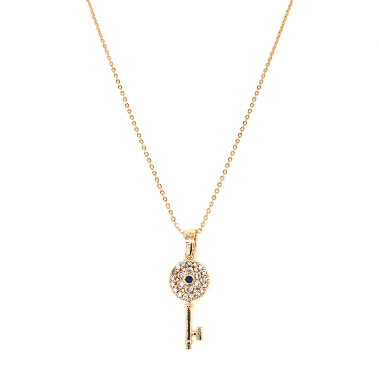 Anahtar Figürlü Mavi Taşlı Zirkon Kolye Gold