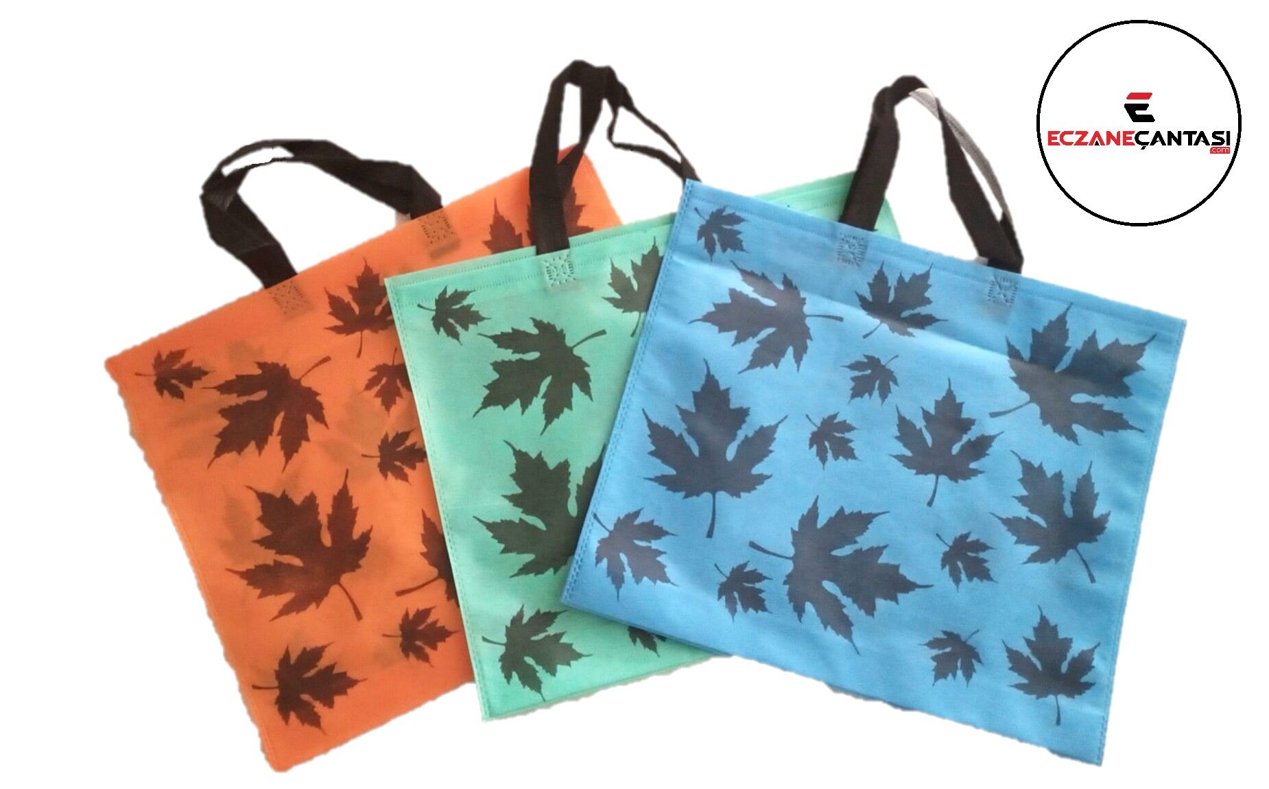 500 Adet Eczane Çantası Turuncu Yeşil Mavi Çınar Yaprak Desen Kulplu Körüklü Büyük Bez Çanta 40x34x7