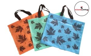 500 Adet Eczane Çantası Turuncu Yeşil Mavi Çınar Yaprak Desen Kulplu Körüklü Büyük Bez Çanta 40x34x7