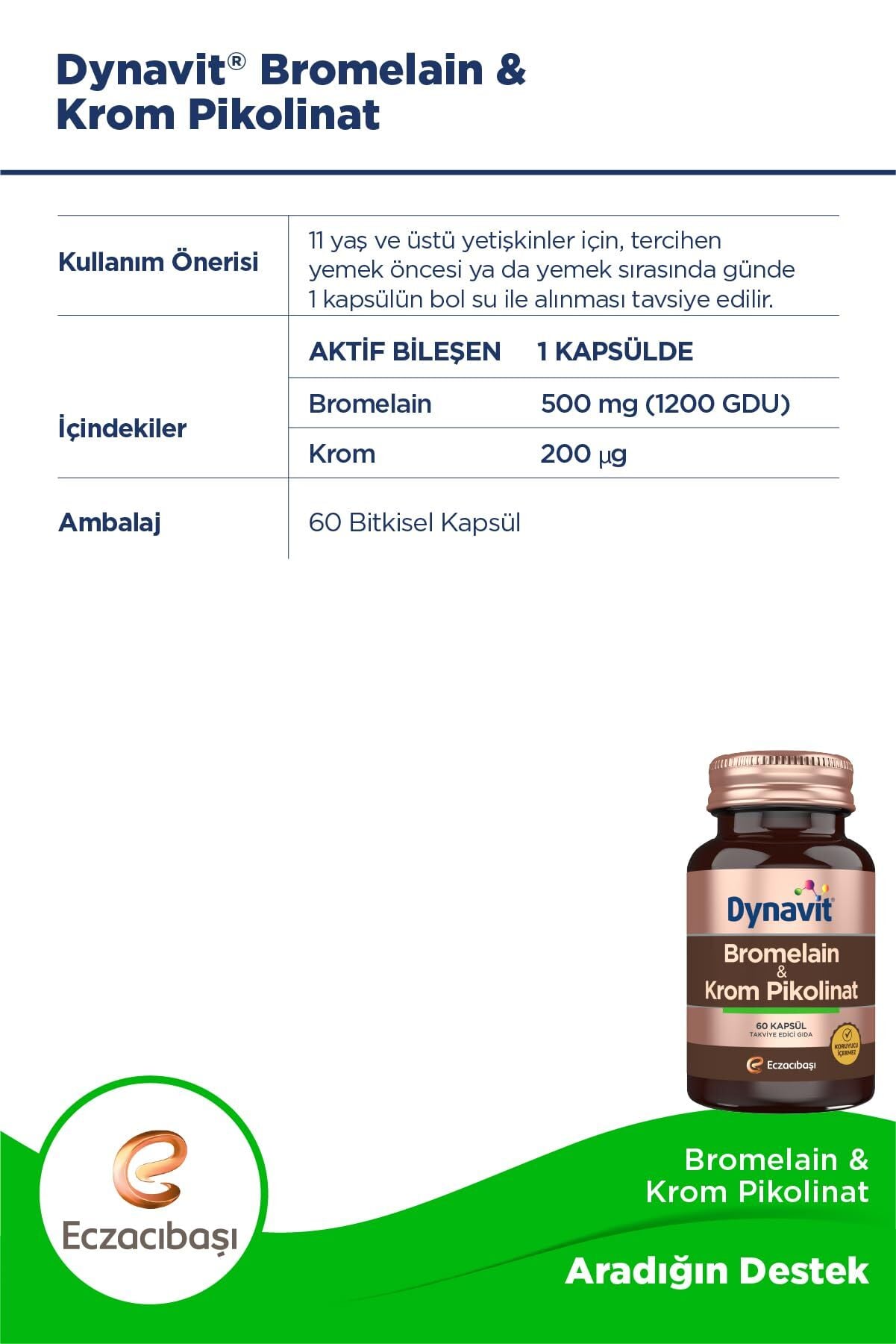 Dynavit Bromelain Krom Pikolinat 60 Kapsül