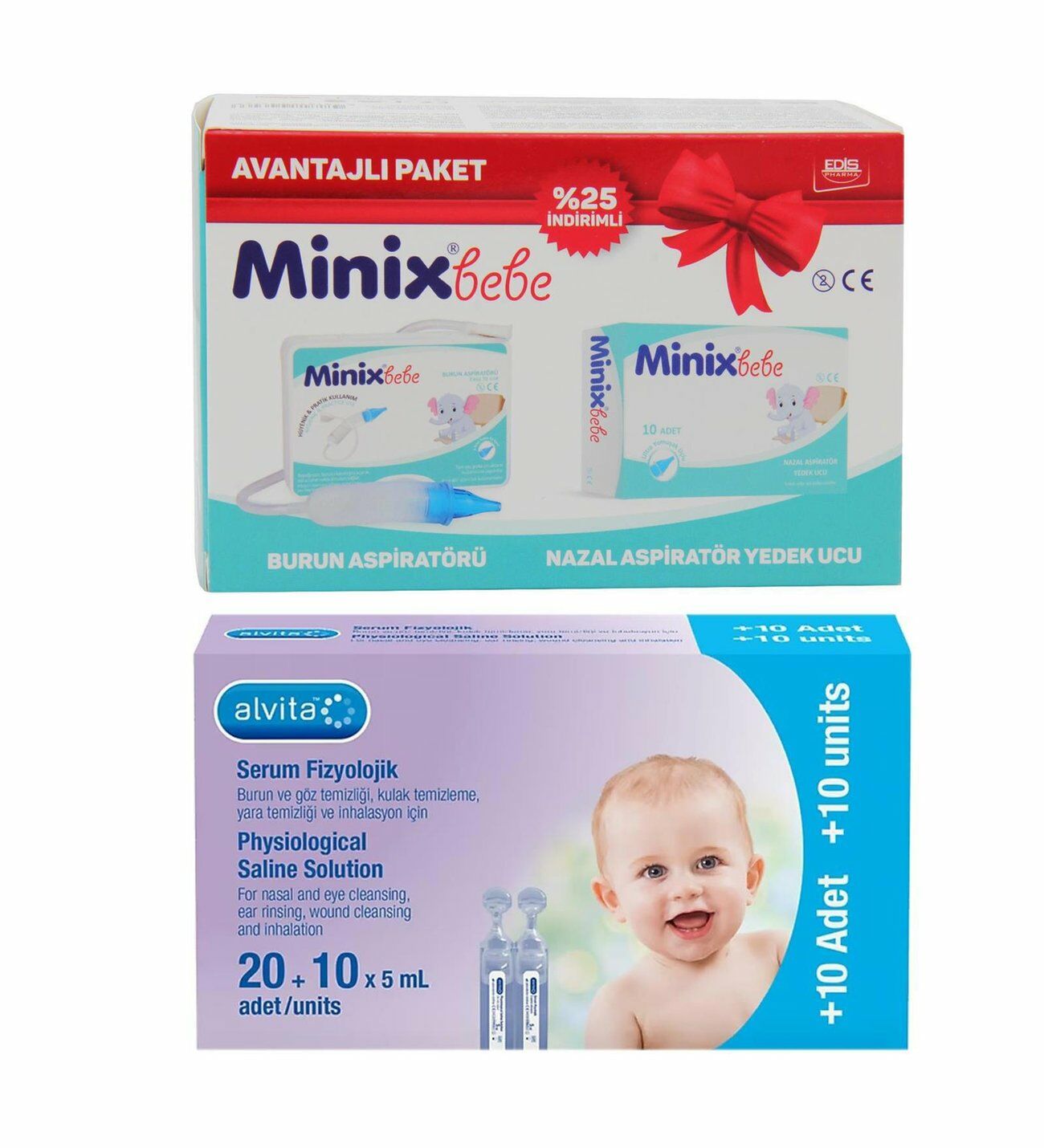 Minixbebe Burun Aspiratörü ve Yedek Ucu 10'lu + Alvita Serum Fizyolojik 30 Flakon 5 ml Hediye