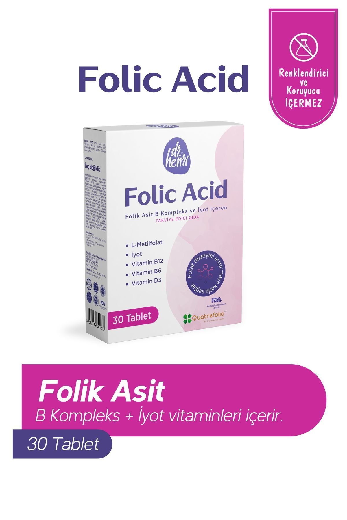 Happymore Folic Acid 400 mcg B1 B6 B12 Vitamin 30 Tablet