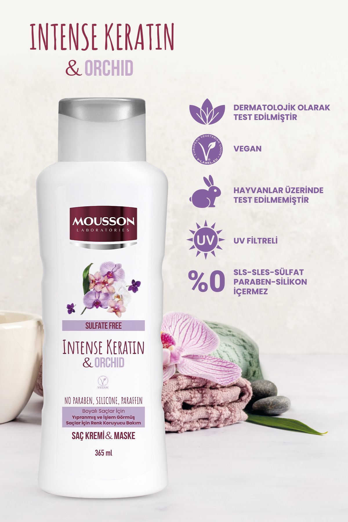 Mousson Yoğun Keratin&Amp Orkide İçeren Renk Koruyucu ve Yıpranmayı Onaran Sülfatsız Durulanmayan Saç Bakım Kremi 200 ml