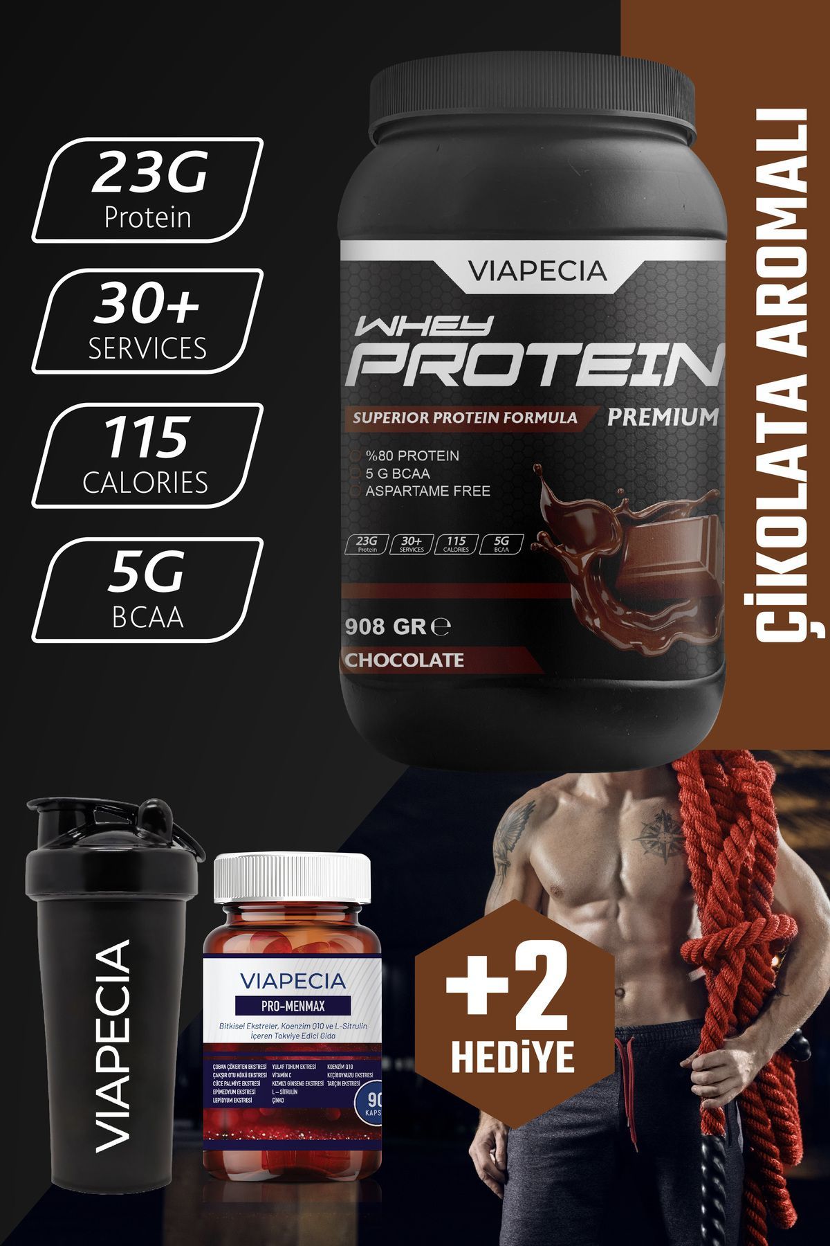 Viapecia Whey Protein Çikolatalı Bol Proteinli Premium 908 gr + Viapecia Pro Menmax 90 Kapsül Hediye