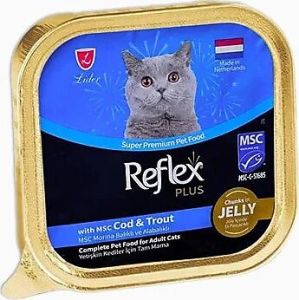 Reflex Plus Jöle İçinde Et Parçacıklı Balıklı ve Alabalıklı Yetişkin Kedi Maması 85 gr