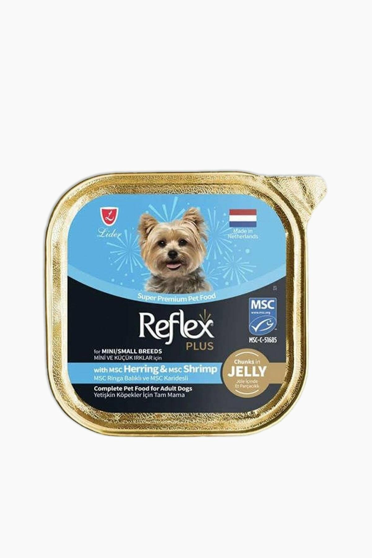 Reflex Plus Jöle İçinde Et Parçacıklı Ringa ve Karidesli Küçük Irklar İçin Yetişkin Köpek Maması 85 gr