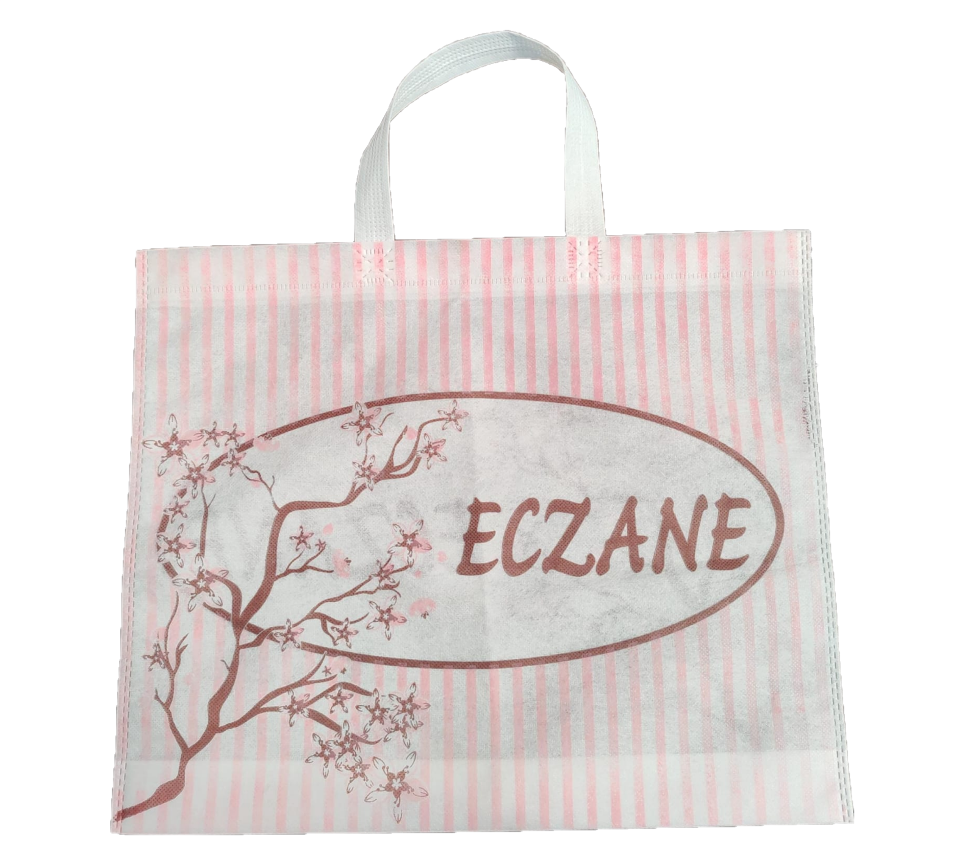 500 Adet Eczane Çantası Pembe Çiçekli Kulplu Körüklü Büyük Bez Çanta 40x34x7