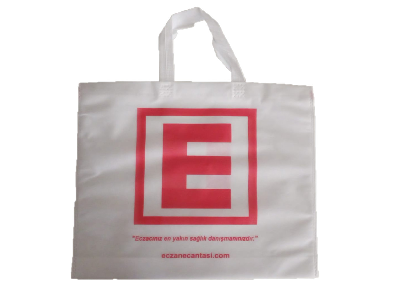 Eczane Çantası E logo Kulplu Körüklü Büyük Bez Çanta 40x34x7 50 li Paket