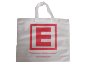 Eczane Çantası E logo Kulplu Körüklü Büyük Bez Çanta 40x34x7 50 li Paket