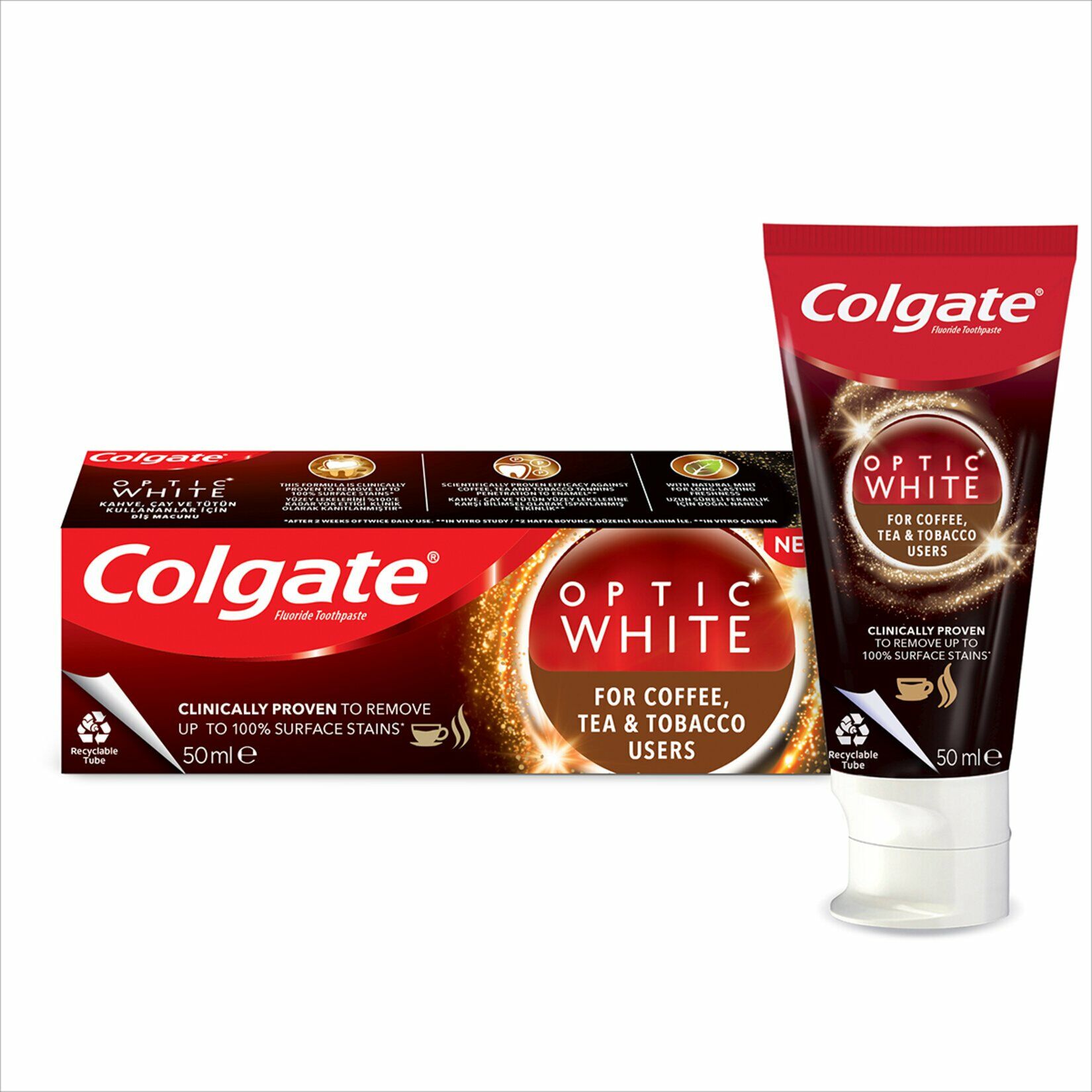 Colgate Visible White Diş Macunu 75 ml + Colgate Optic Whıte Çay Kahve ve Tütün Kullananlar 50 ml