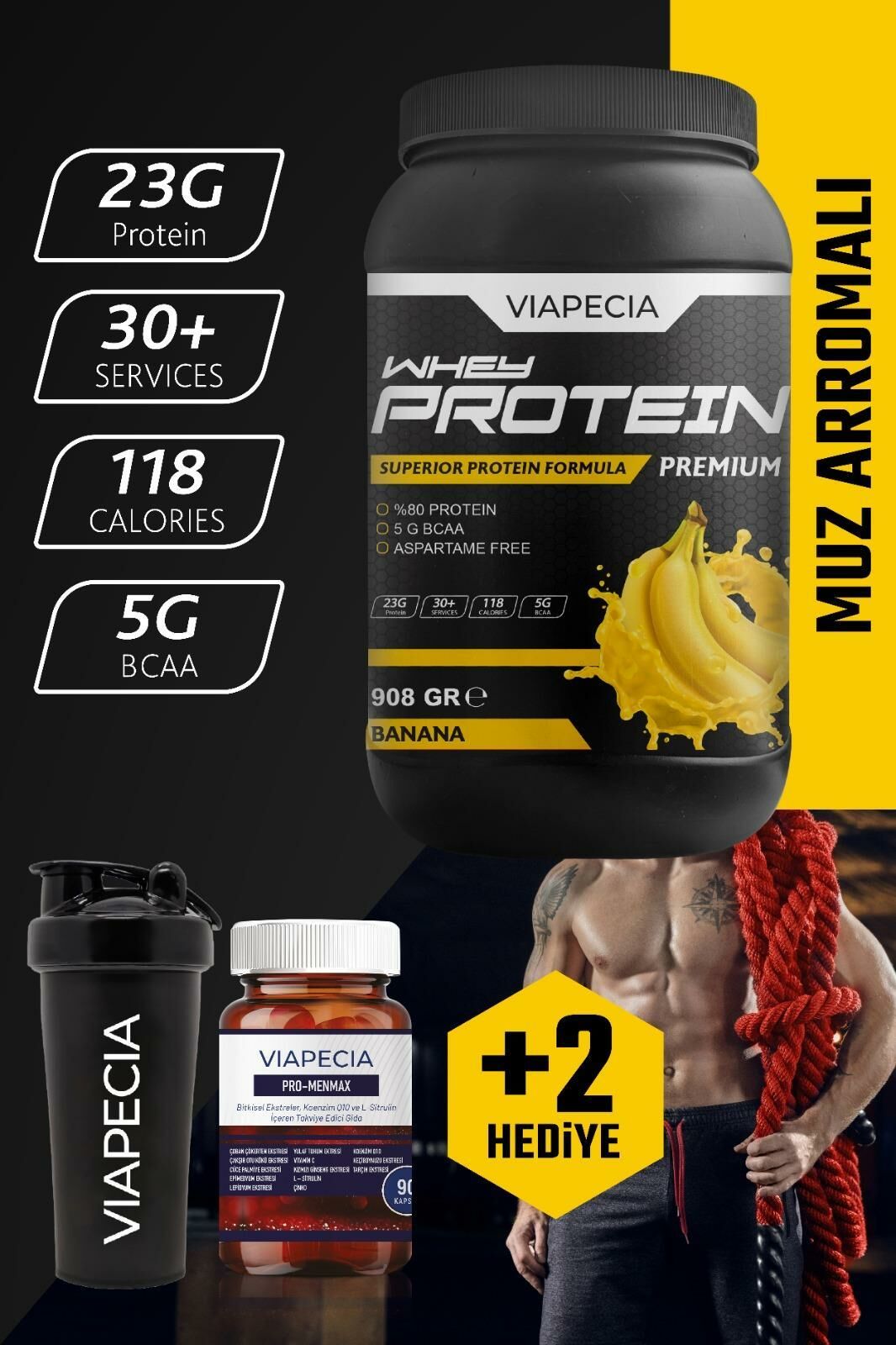 Viapecia Whey Protein Muz Aromalı Yüksek Proteinli Premium 908 gr + Viapecia Pro Menmax 90 Kapsül Hediye