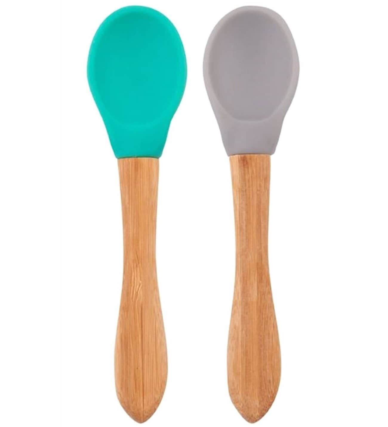 Oioi Bambu Saplı Silikon Mama Kaşığı 2'li - Yeşil & Gri