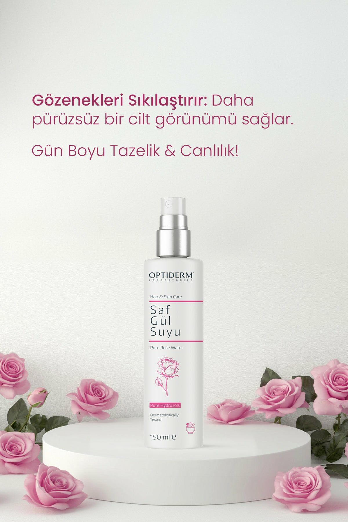 Optiderm Gül Suyu Gözenek Sıkılaştırıcı Aydınlatıcı ve Arındırıcı Tonik %100 Doğal ve Saf 150 ml
