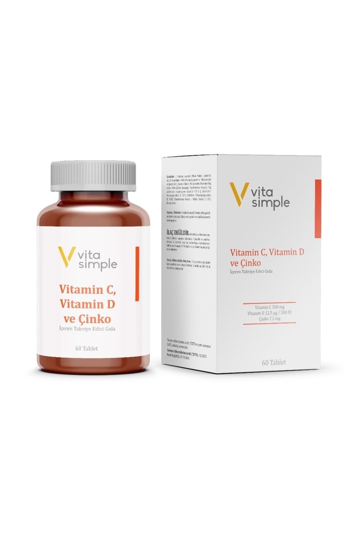 Vita Simple Vitamin C + D ve Çinko İçeren Takviye Edici Gıda 60 Tablet