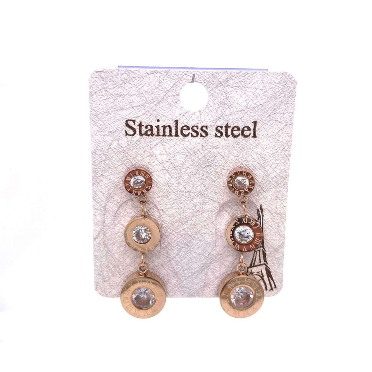 Üçlü Roma Rakamlı Zirkon Taşlı Çelik Küpe Rose