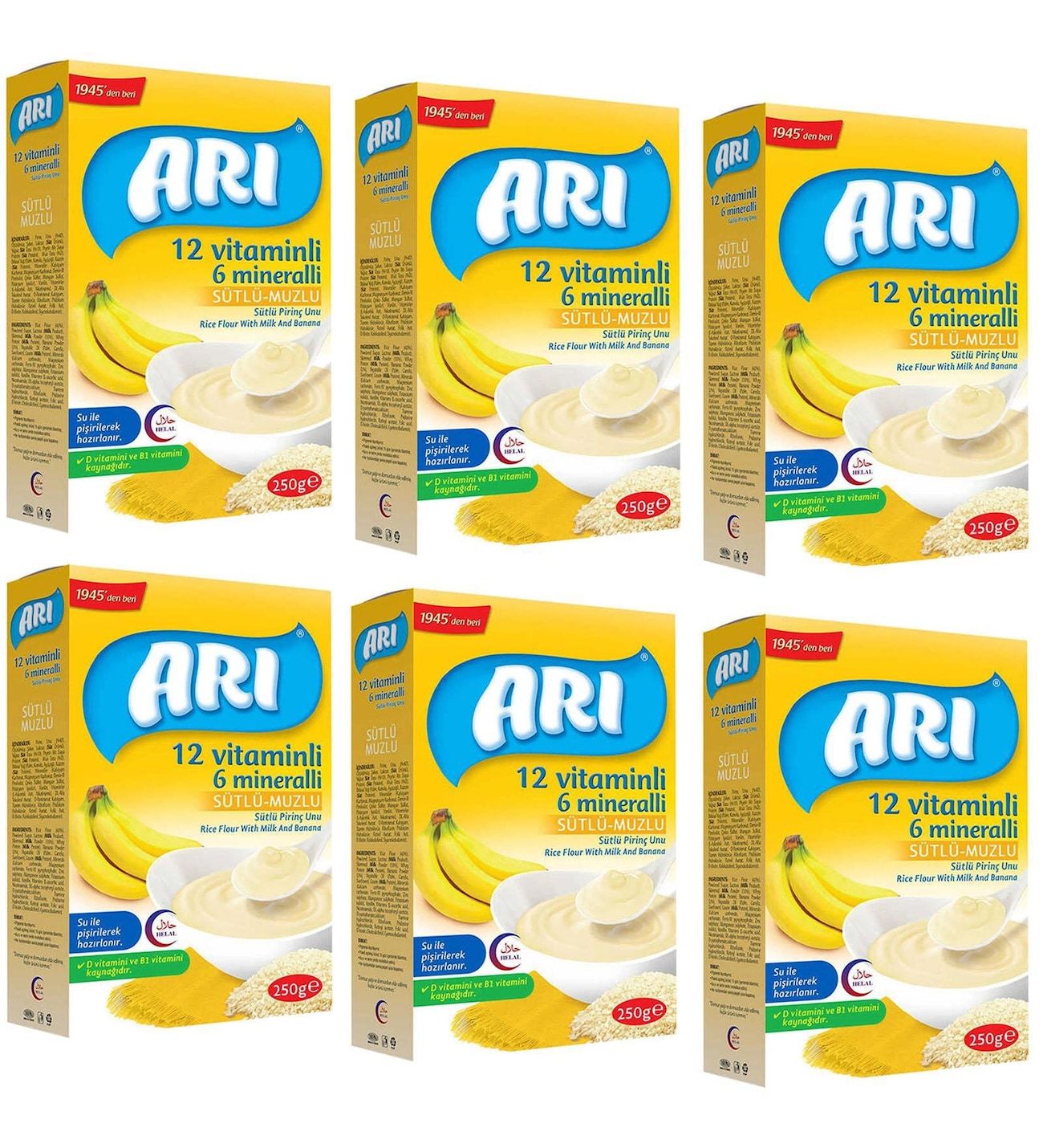 Arı Mama Sütlü Muzlu 12 Vitamin 6 Mineralli Pirinç Unu 250 gr - 6 Adet