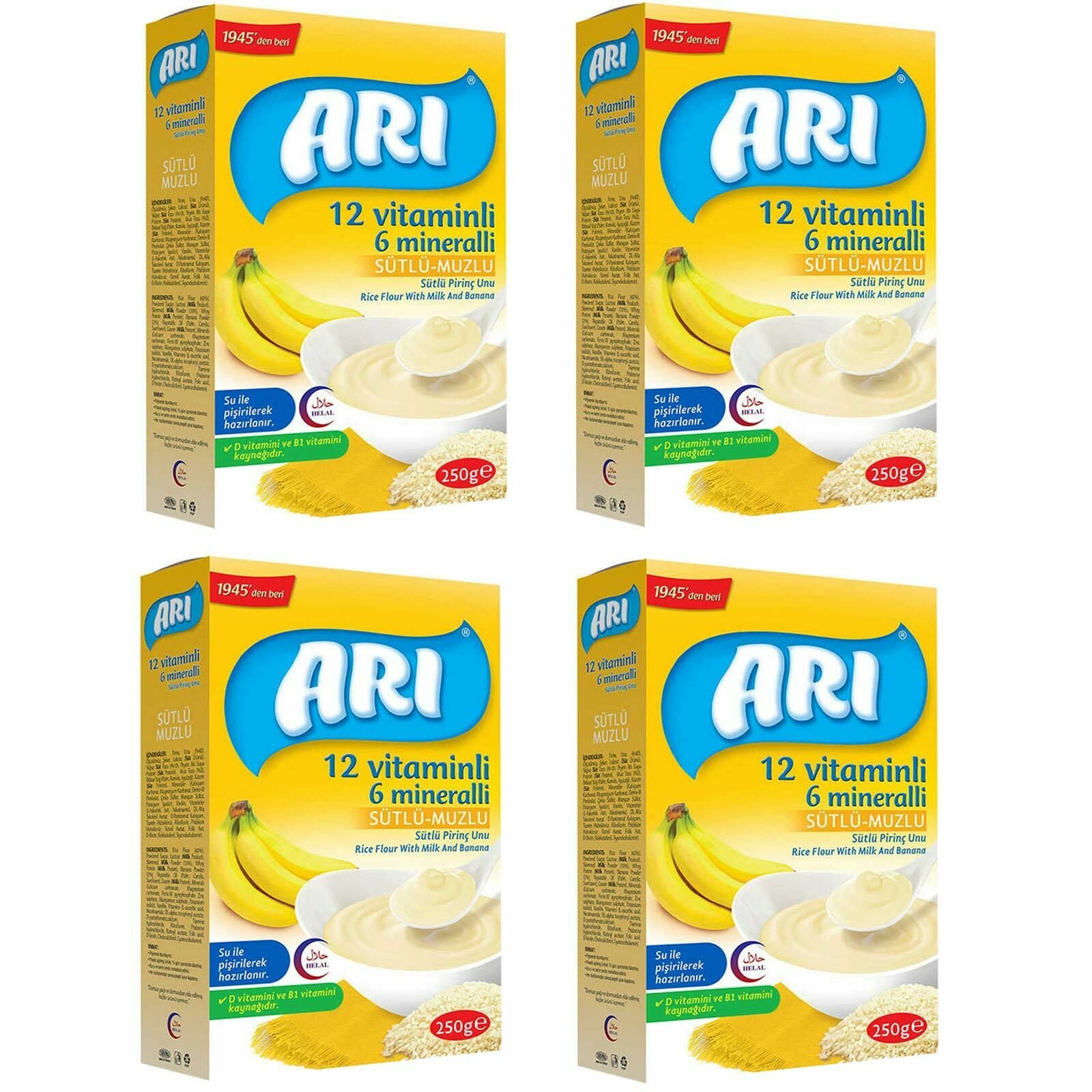 Arı Mama Sütlü Muzlu 12 Vitamin 6 Mineralli Pirinç Unu 250 gr - 4 Adet