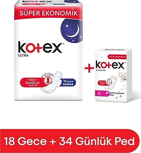 Kotex Ultra Gece Hijyenik Ped 18'li + Kotex Günlük Hijyenik Ped 34'lü