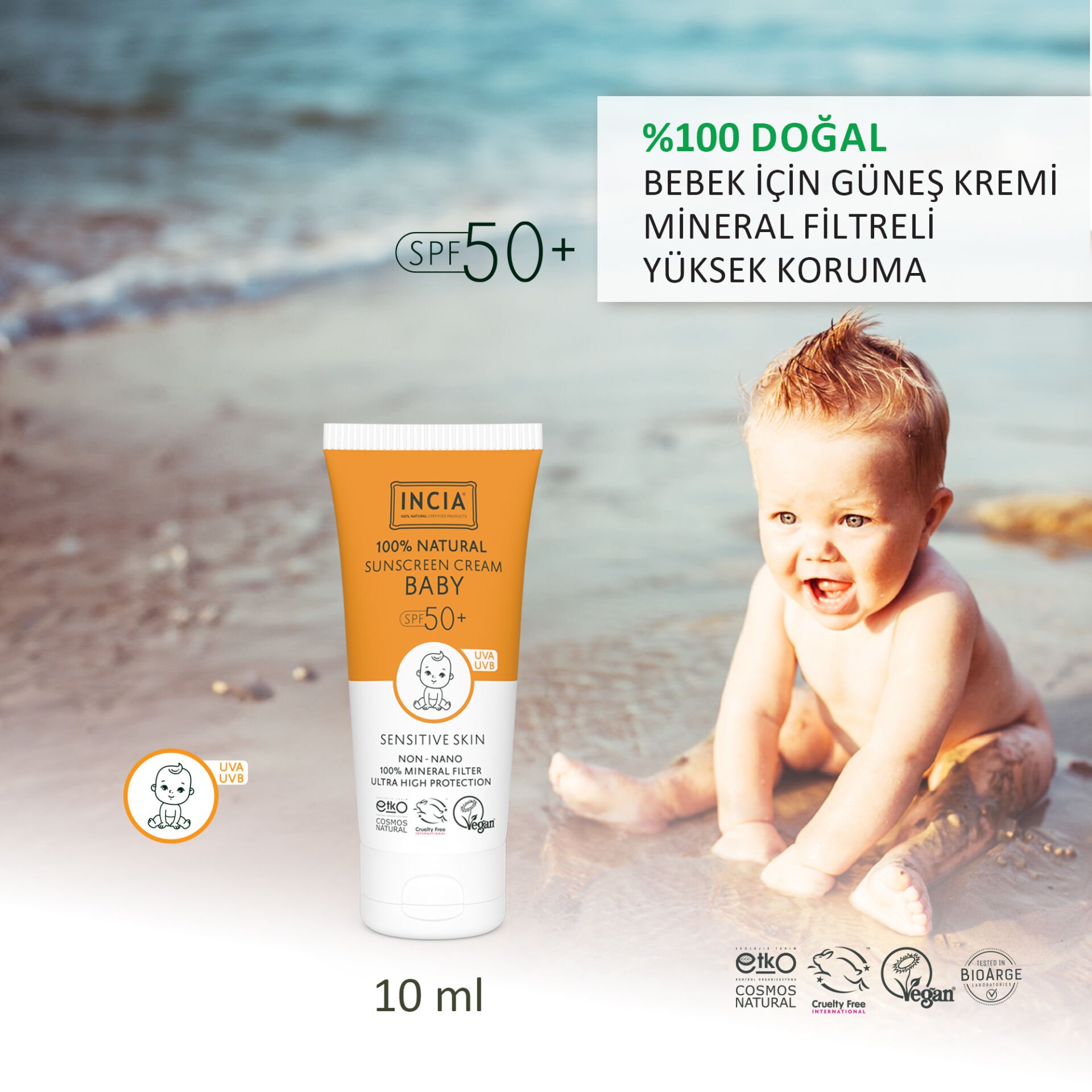 İncia %100 Doğal Bebek Güneş Kremi Leke Karşıtı Mineral Filtreli Yüksek Koruma SPF50+ 10 ml