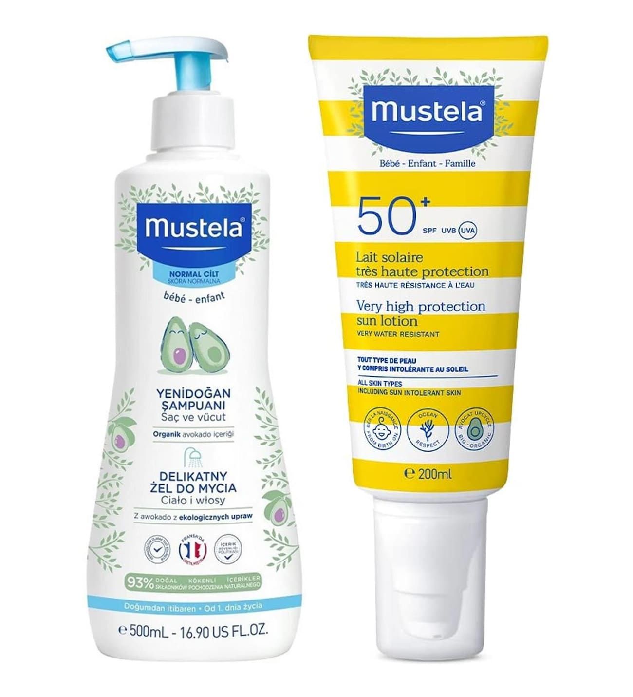 Mustela Tüm Aile İçin Güneş Losyonu SPF50+ 200 ml + Mustela Yenidoğan Saç ve Vücut Şampuanı 500 ml