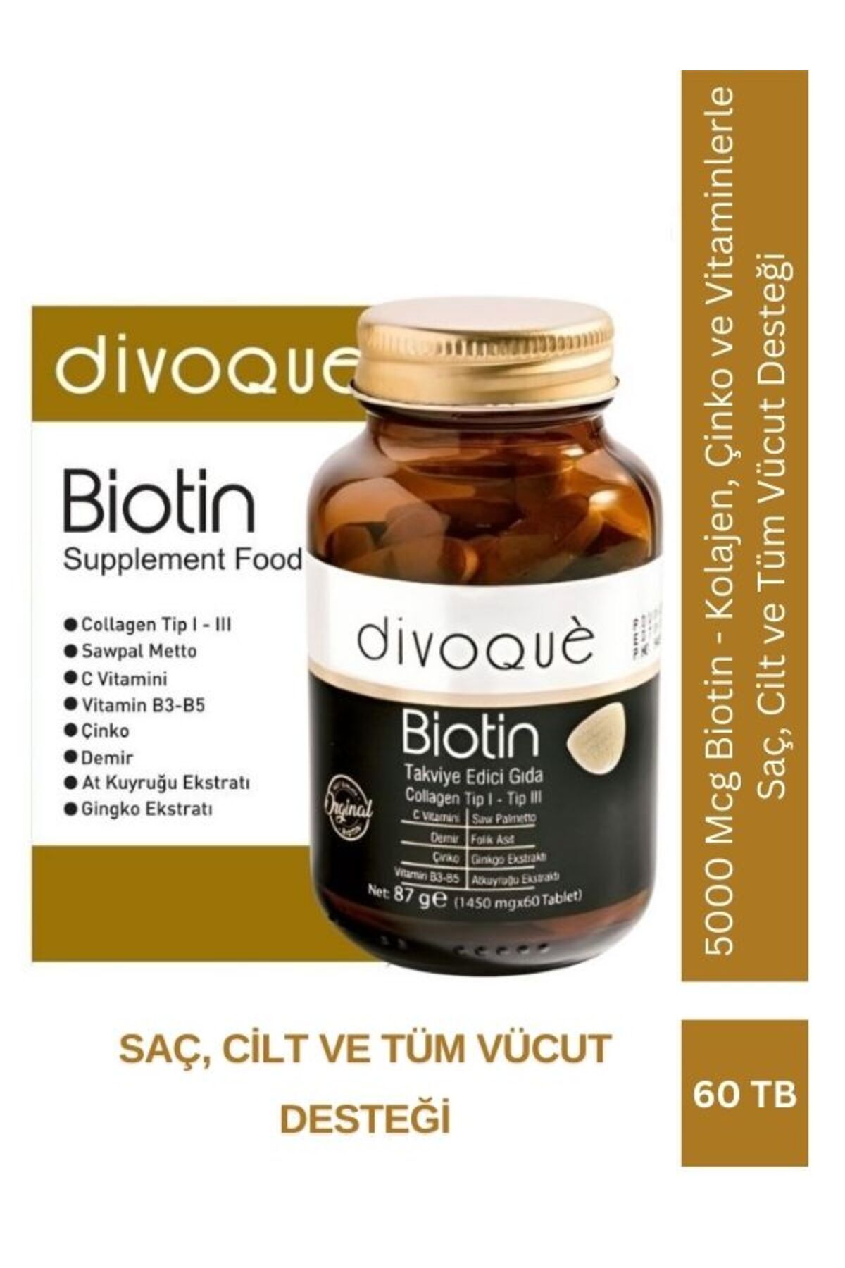Divogue Biotin 5000 Mcg Kolajen Çinko ve Vitaminlerle Tüm Vücut Desteği 60 Tablet