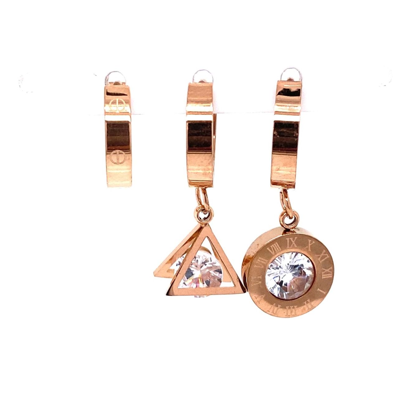 Üçlü Üçgen Taşlı Çelik Küpe Rose