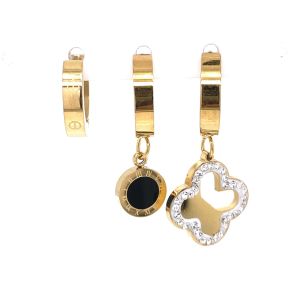 Üçlü Zirkon Taşlı Yonca Çelik Küpe Gold