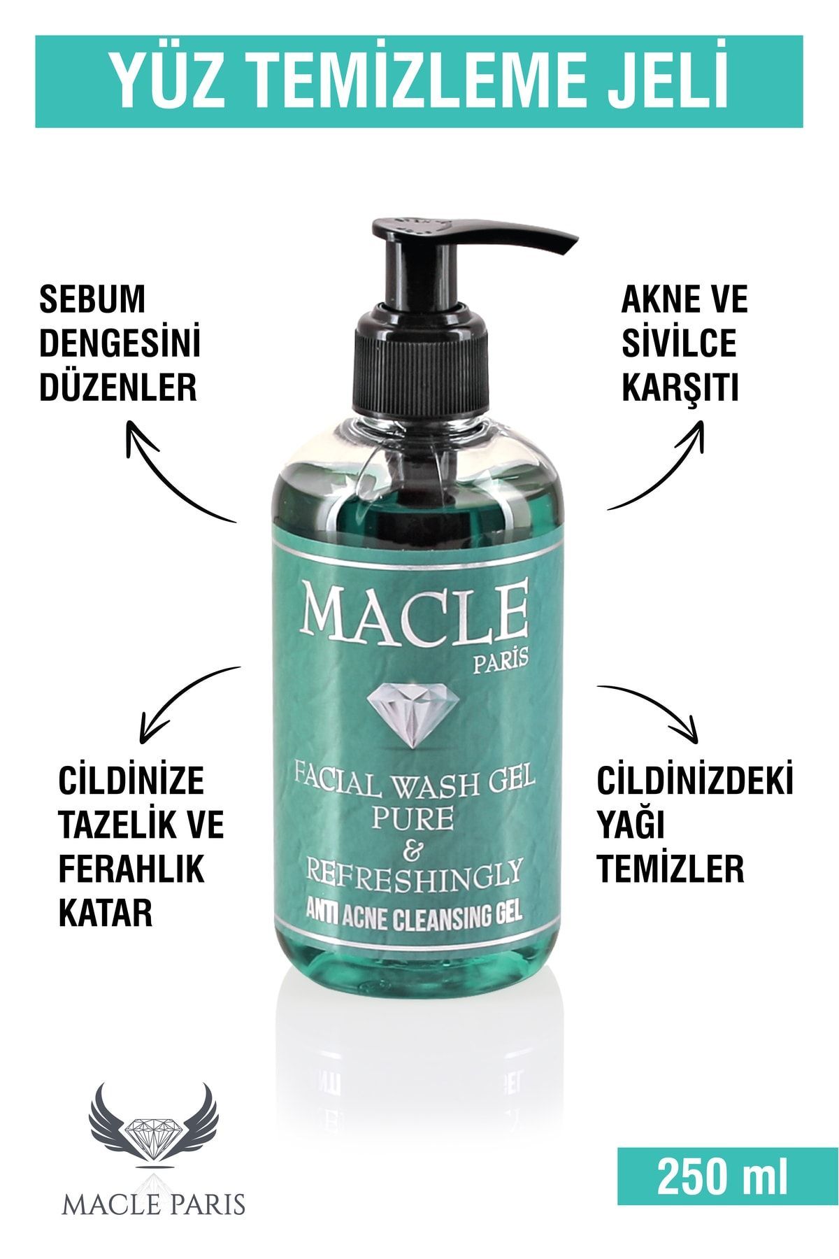 Macle Paris Akne ve Sivilce Karşıtı Salisilik Asit Köpüren Yüz Temizleme Arındırma ve Tazeleyici Jeli 250 ml