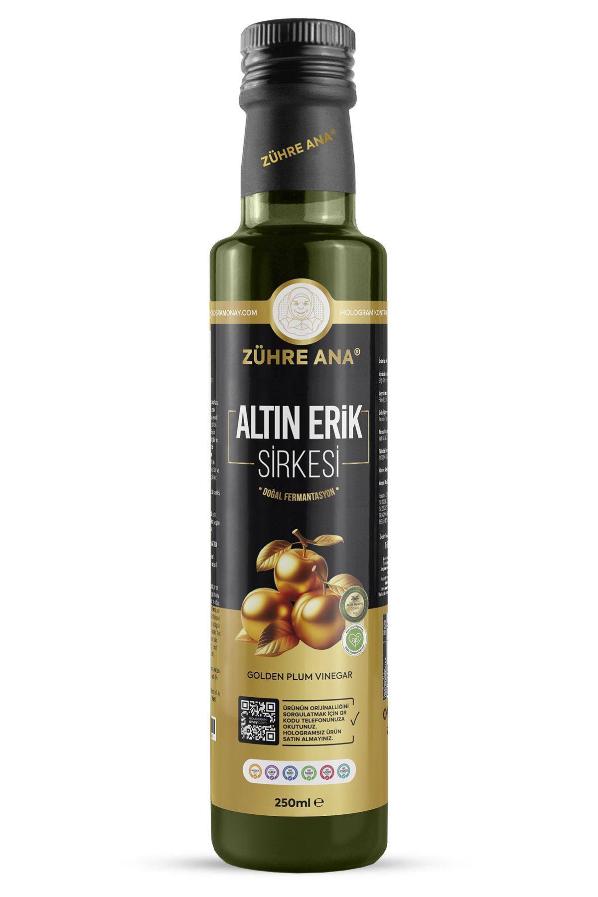 Zühre Ana Mirabelle Altın Erik Sirkesi Doğal Fermantasyon Prebiyotik Form Sirkesi 250 ml